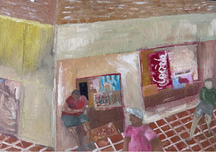 Painting of a neighborhood store scene